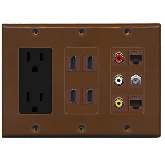 RiteAV Power 4 HDMI 3-RCA Composite Cat6 Ethernet Coax TV Wall Plate - Brown
