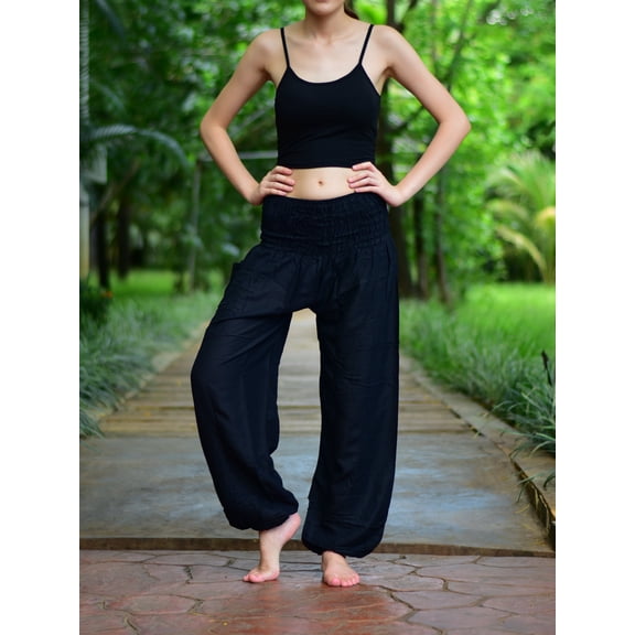 Bohotusk Black Plain Elasticated Smocked Waist Womens Harem Pants S/M to 4XL