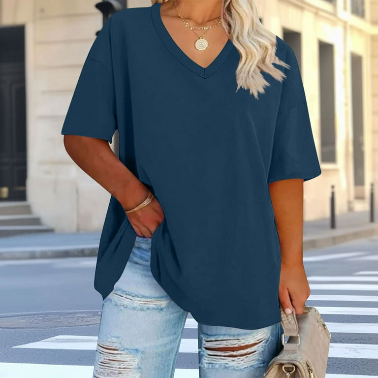 T-Shirt Donna Famulily Mezza Manica Scollo A V - Baseball Oversized Morbida In Cotone, Taglie Comode, Top Estivo Casual - 2