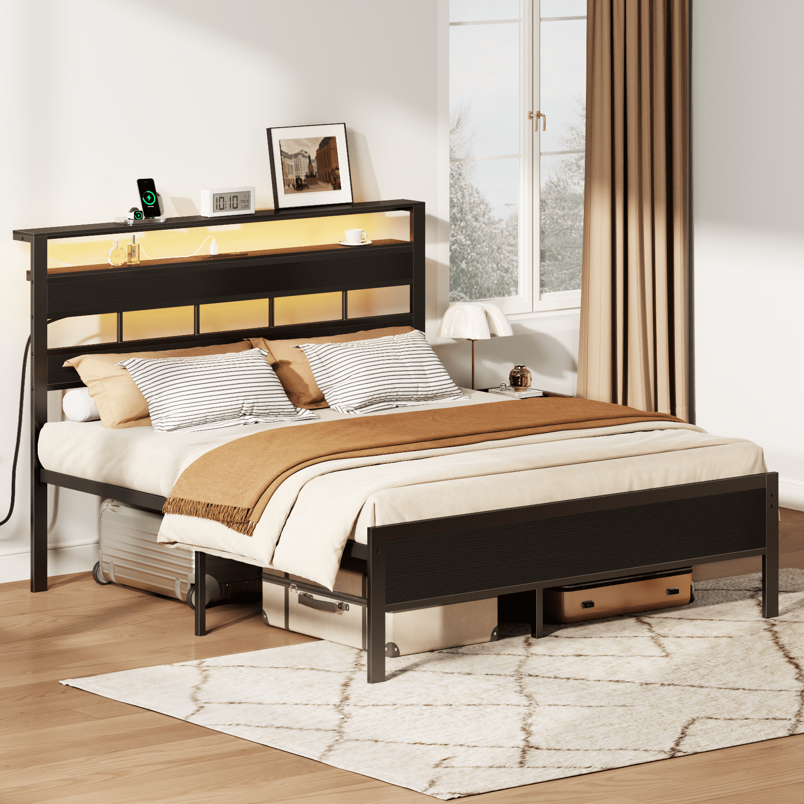 Glozzt Queen Size Bed Frame with Upholstered Storage Headboard and LED Light, Platform Bed with Metal Slats, Noise Free Design