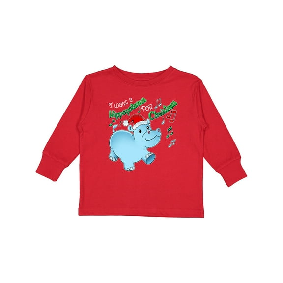 Inktastic I Want a Hippopotamus for Christmas Hippo in Santa Hat Boys or Girls Long Sleeve Toddler T-Shirt