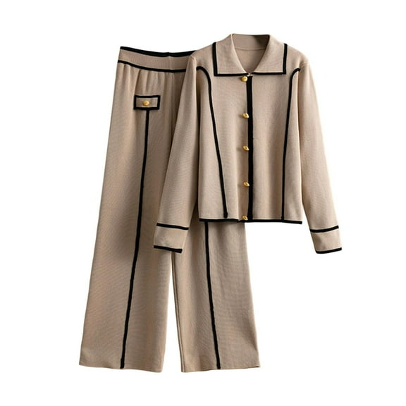 Levmjia Womens Casual Tops And Pants Set Knitted Pullover Lapel Long Sleeve Solid Color Two Piece Outfit Soft Acrylic Comfortable Loungewear For Home Daily Wear Fall Winter