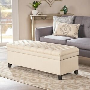 Sheffield French Style Beige Fabric Tufted Storage Ottoman Bench