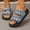 Blue, variant on Womens Denim Double Buckle Sandals, Distressed Raw Edge Platform Slides, Fashionable Slip-On Summer Beach Slippers with Embroidered Open Toe Design
