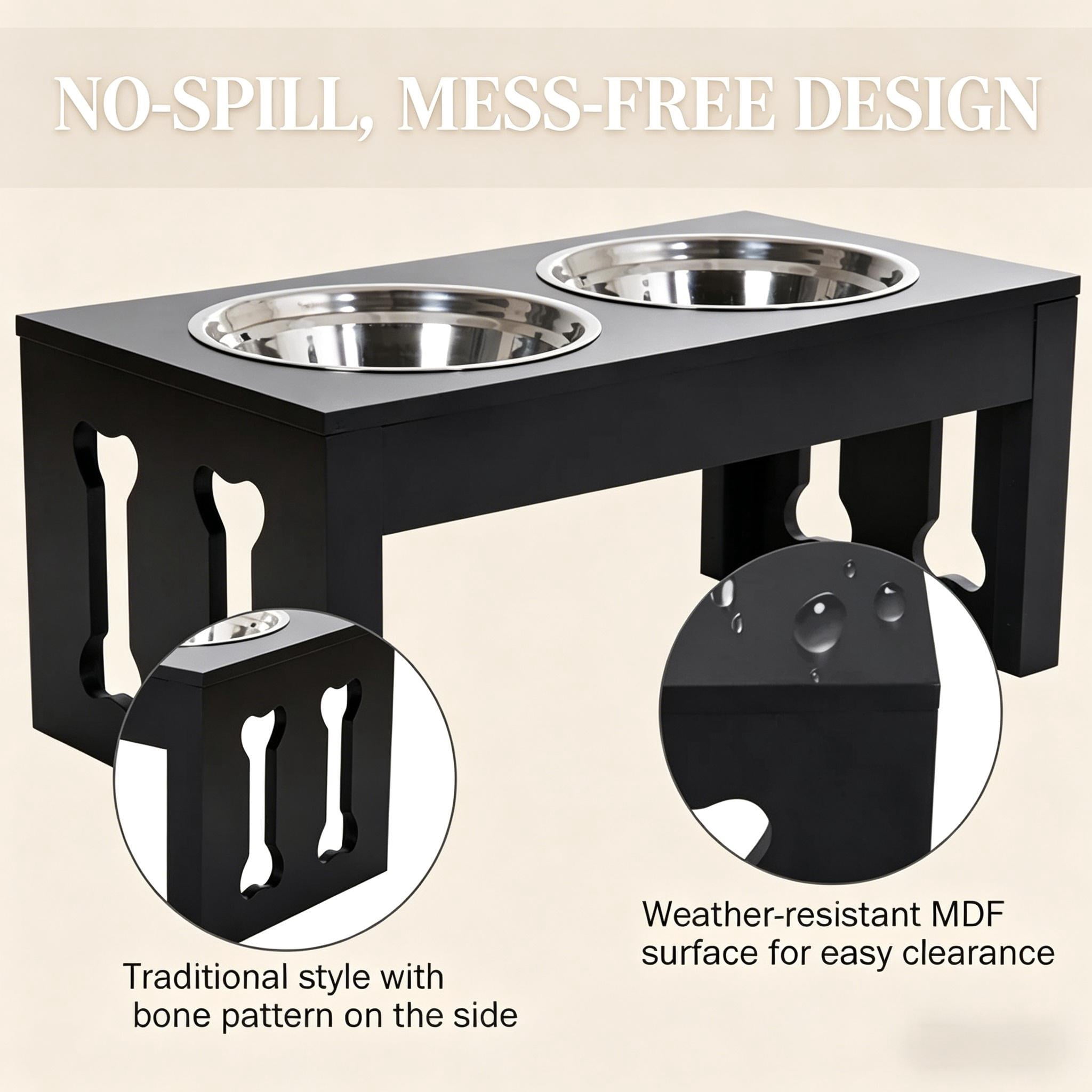 Elevated Dog Double Bowl Feeder, Raised MDF Pet Food Water Stand With Non-Slip Base Stainless Steel Bowls For Medium Dogs French Bulldog Pug Beagle