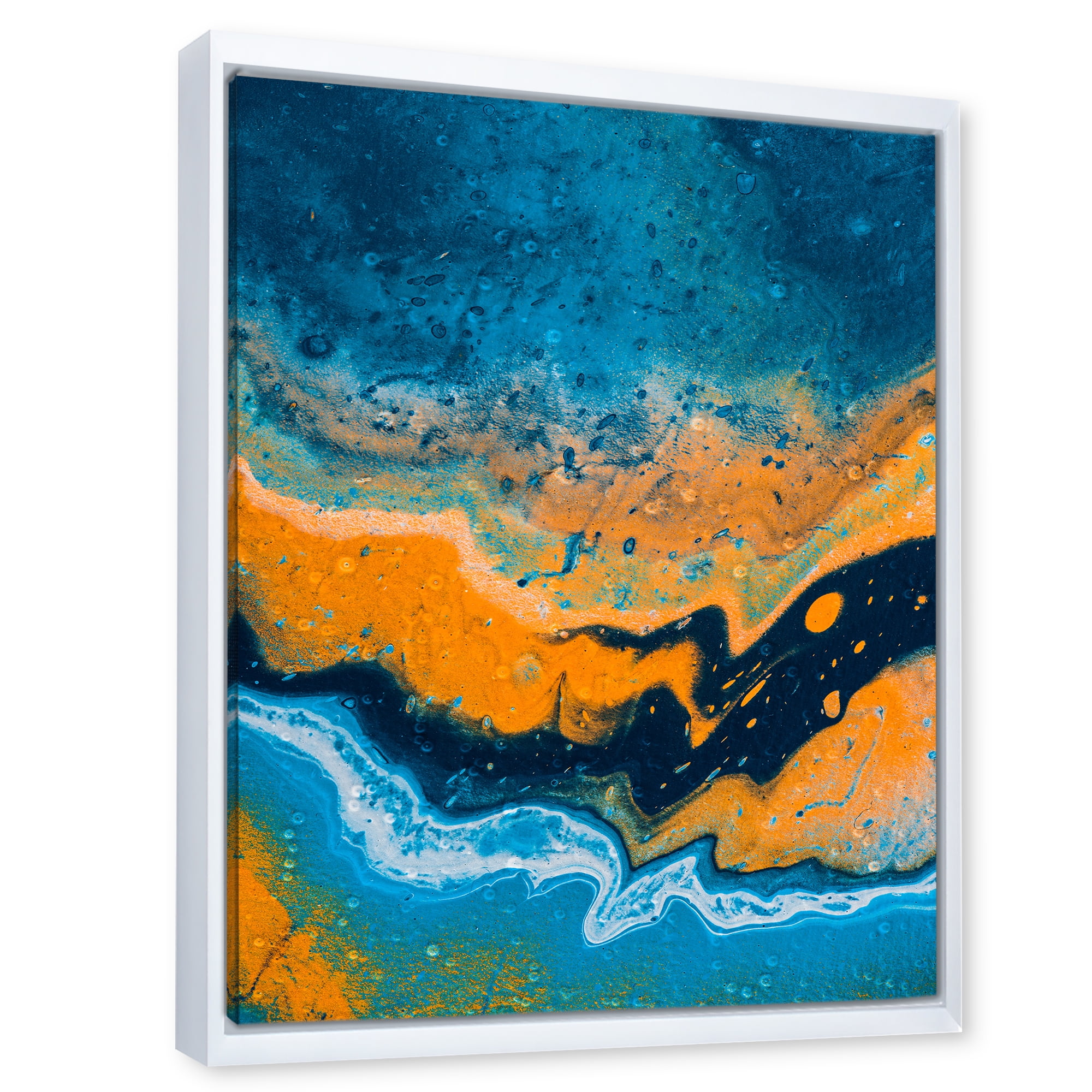 Designart 'Abstract Marble Composition In Orange and Blue IV' Modern Framed Canvas Wall Art Print