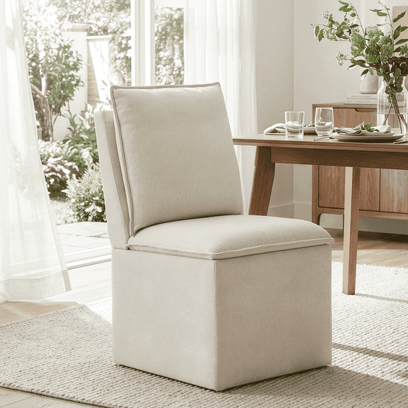 Usaint Upholstered Dining Chair with Casters and Storage, Fabric Chair for Dining Room, Home Office and Living Room, Cream