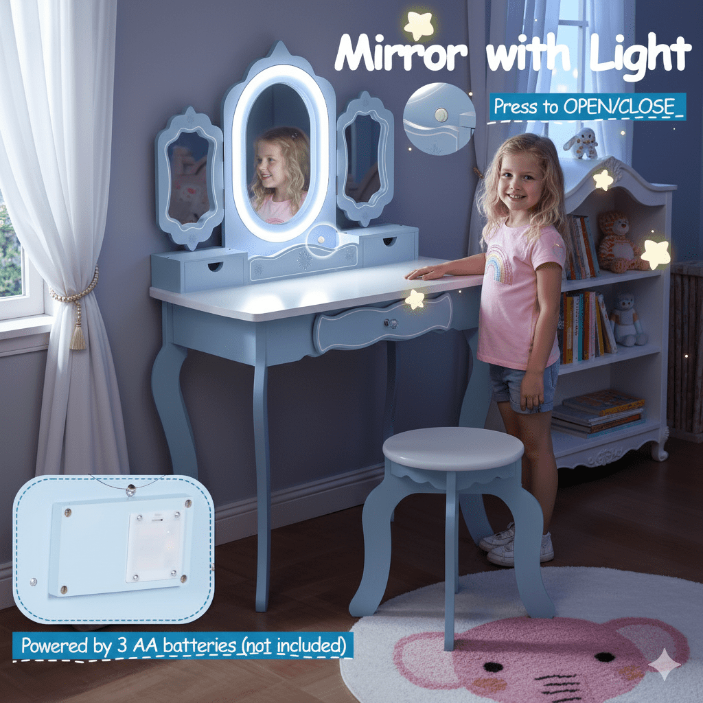 BRINJOY Kids Vanity Set with 2-in-1 Wooden Makeup Table and Stool Table Set, Blue