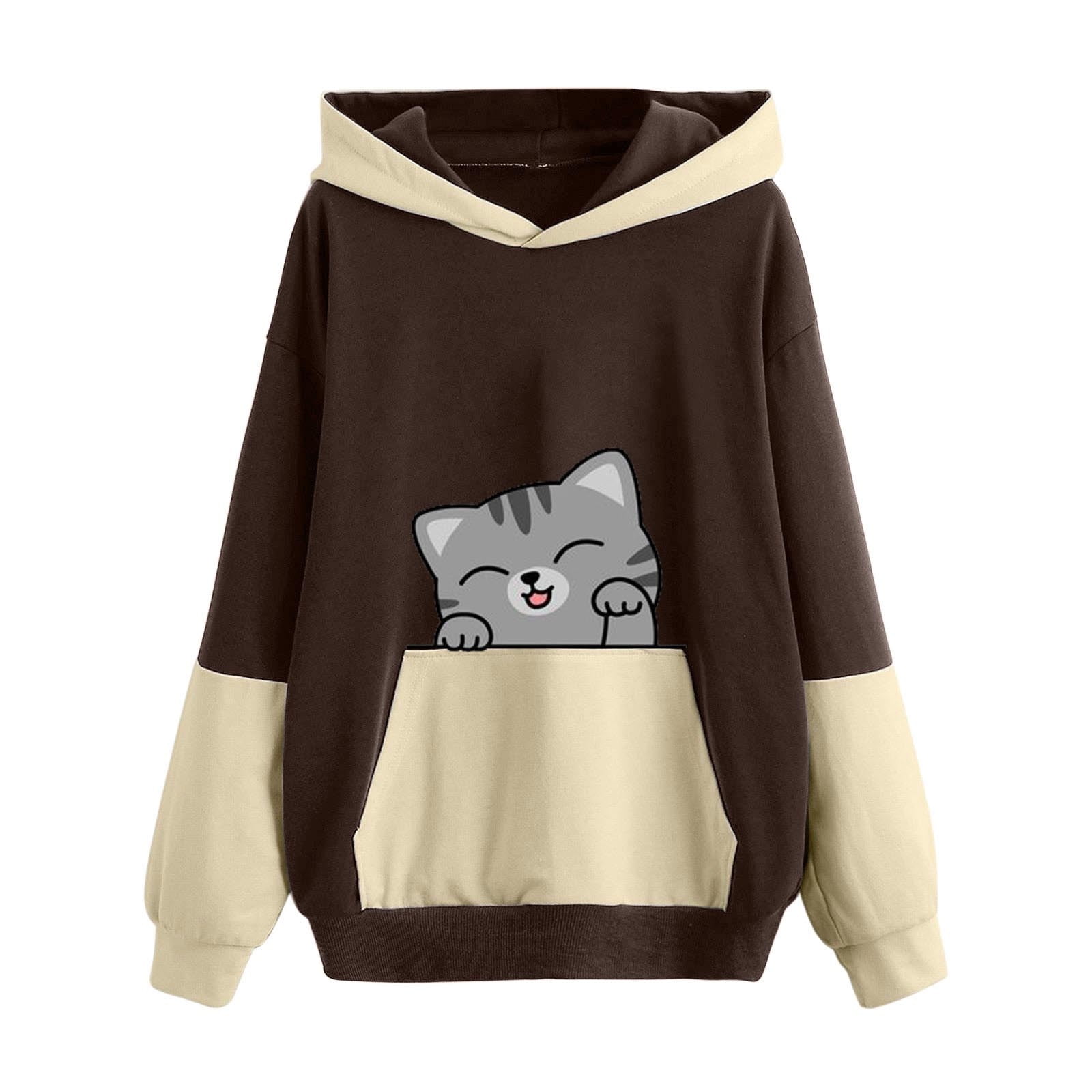Juebong Teen Girls Cute Cat Print Front Kangaroo Pocket Sweatshirt Hoodies  Women Long Sleeve Kawaii Style Hooded Pullover Tops Fall Winter Lightweight  Thin Color Block Hoodie Tops - Walmart.com