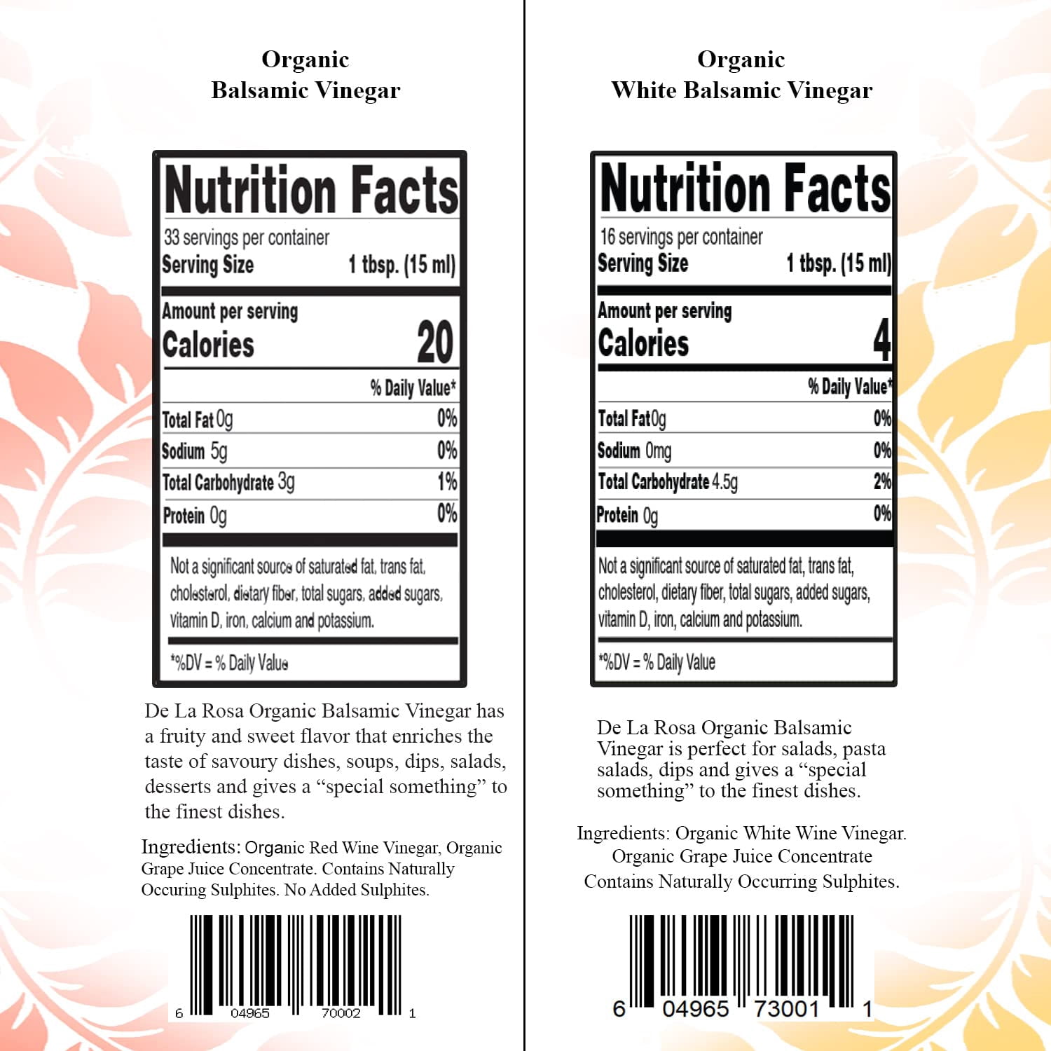 De La Rosa 613 Organic Balsamic & White Balsamic Vinegar, Kosher for Passover, Vegan, Non-GMO & Gluten-Free, 16.9 Oz (Pack of 2)