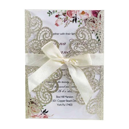 Elegant Gold Glitter Wedding Invitation Set with Envelopes, RSVP Cards, and Pre-tied Ribbons for Bridal Showers, Quinceaneras, Engagements, and Sweet 16 Celebrations.