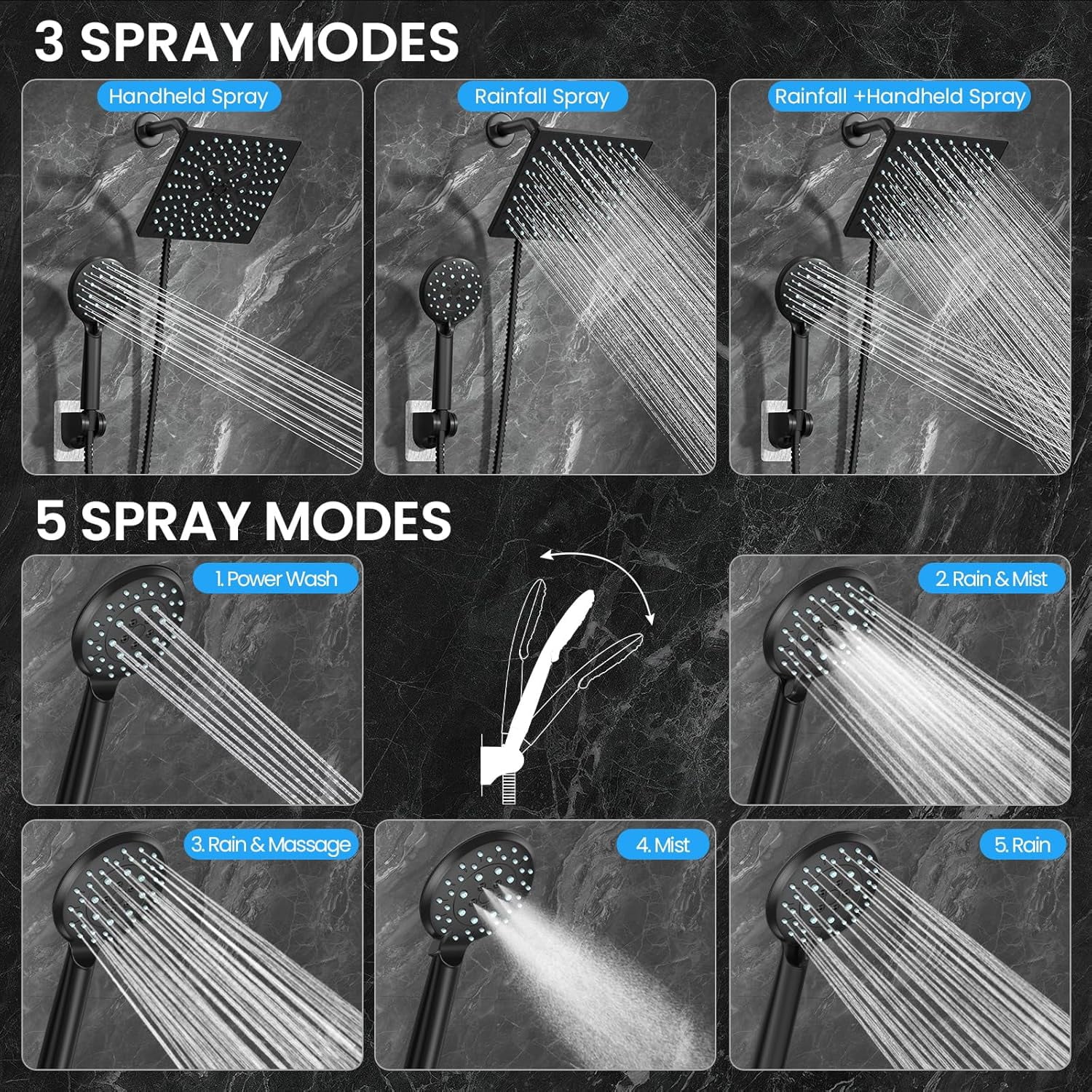 High Pressure Rain Shower Head with Multi-Functions, Square Rainfall Shower Heads with 5-Mode Handheld Spray Combo, Detachable Hand Held Showerhead with Hose, Double Regaderas Para