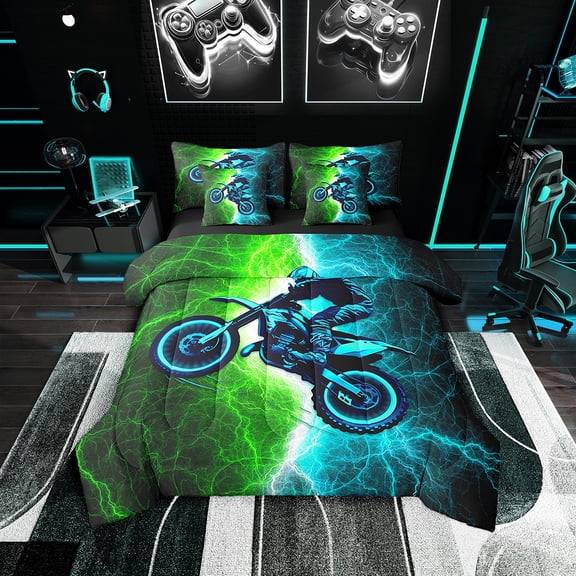 Erosebridal Speed Dirt Bike Bedding Twin Size 7pcs , Lightning Comforter Sets with Sheets, Super Cozy