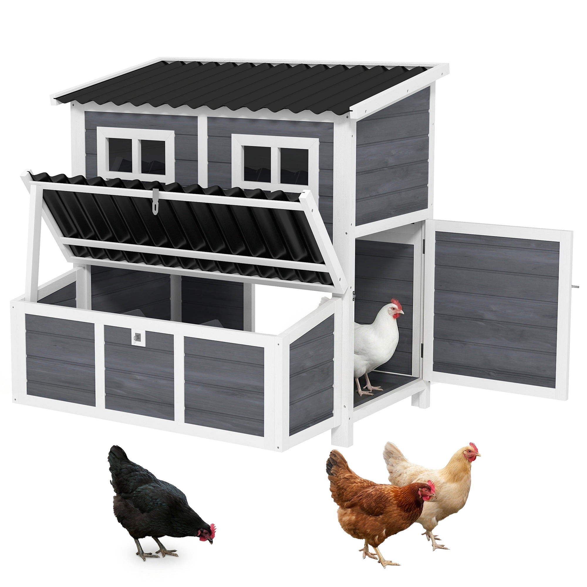 PawHut Wooden Chicken Coop, 39" Chicken House with Nesting Box, Pull-Out Tray, Waterproof Roof, for 2-4 Chickens, Rabbits, Light Gray