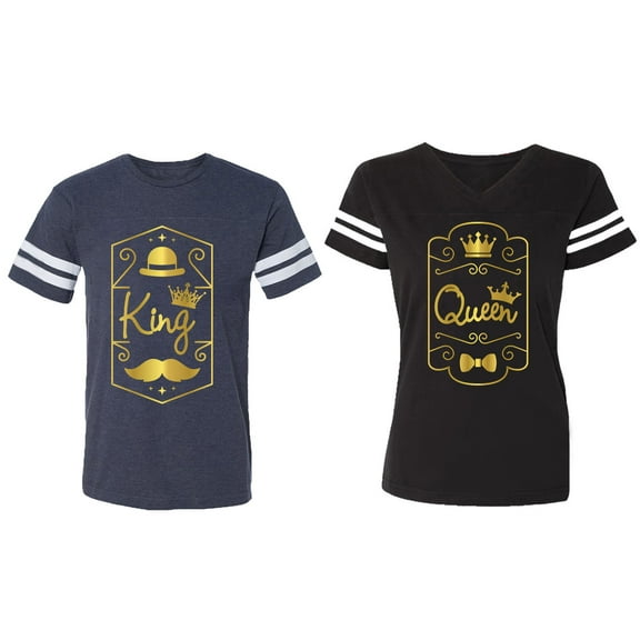 King Queen Pentagon Gold Matching Couple Cotton Jerseys (Men Navy / Women Black) (Men S / Women S)