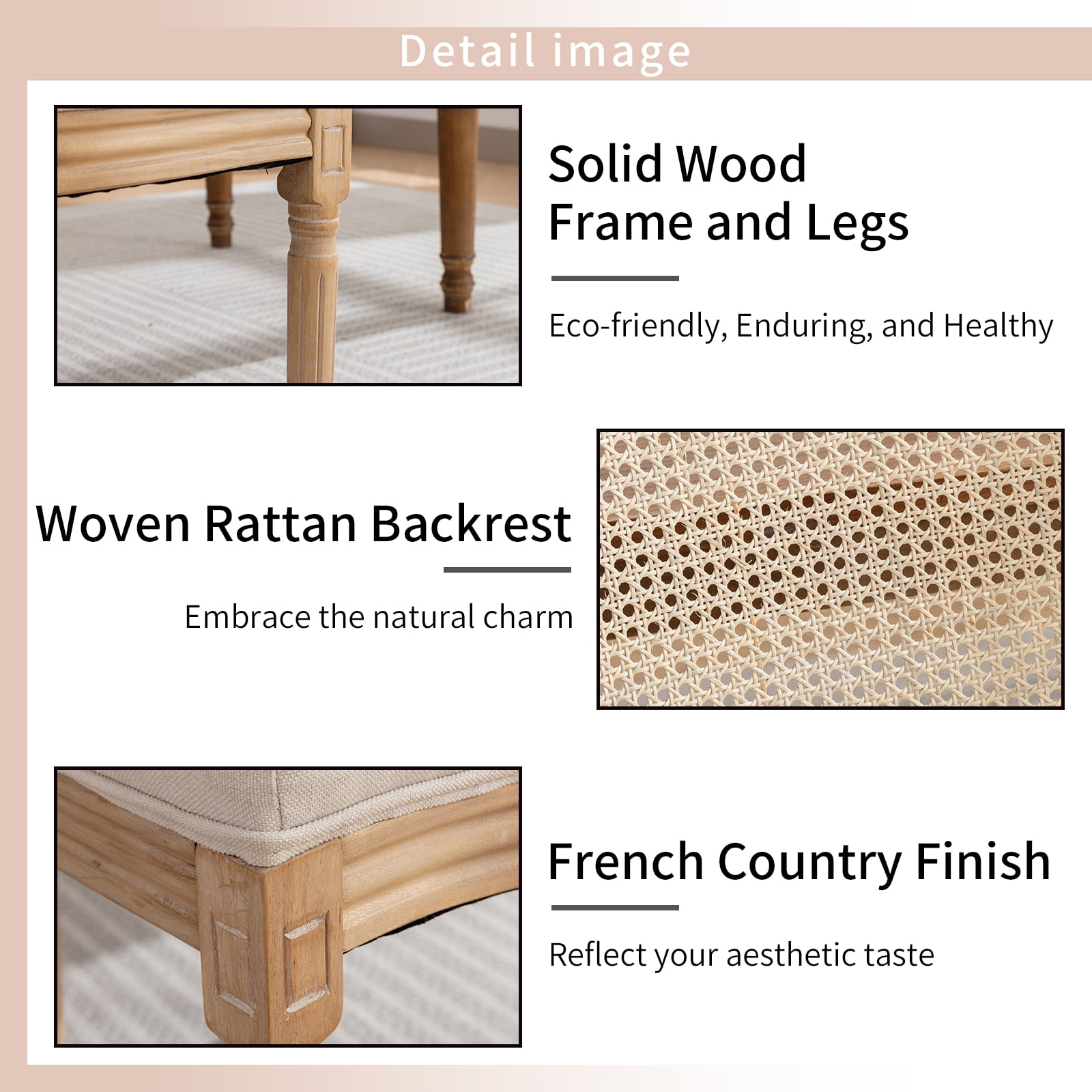 French Country Dining Chairs Set of 2, Cream Kitchen & Dining Room Chairs Set of 2, Ivory Rattan Dining Chairs, Cane Back, Wood Legs, Sillas De Comedor (Rattan, Beige, 2Pcs)