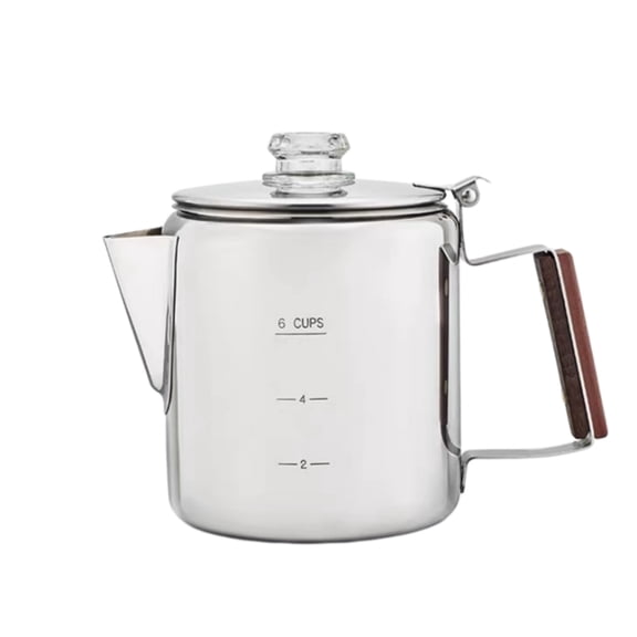 FGXMBXG 304 Stainless Steel Drop-In Coffee Maker Pot, with a capacity of 6 cups and a 1000 milliliter/34 ounce large capacity coffee pot. Its features include a heat-resistant wooden handle and a fin