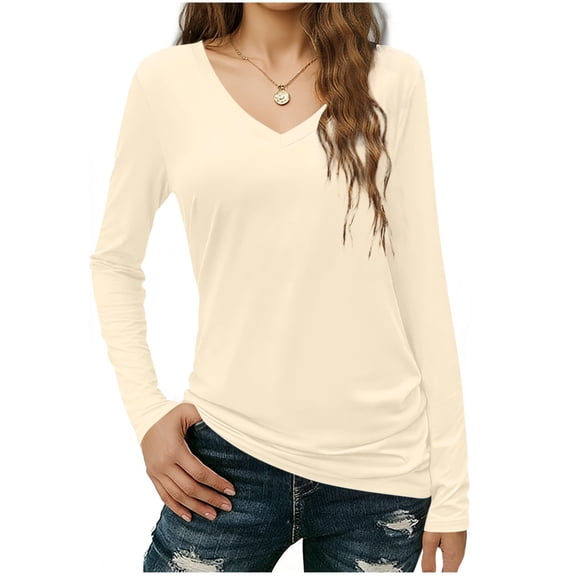 XPMWRP Women's V Neck Tunic T Shirts Comfy Soft Lightweight Tops Casual Solid Color Long Sleeve Fashion Vacation Tee Beige L