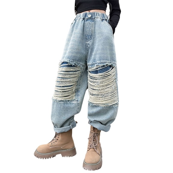 JLMSPLWG Stretchy Jeans Flared Jeans Y2k Loose Fit Jeans Sweatpants with Pockets Khaki Pants for Girls Fold Over Yoga Pants Work Clothes, Blue 10-11 Years