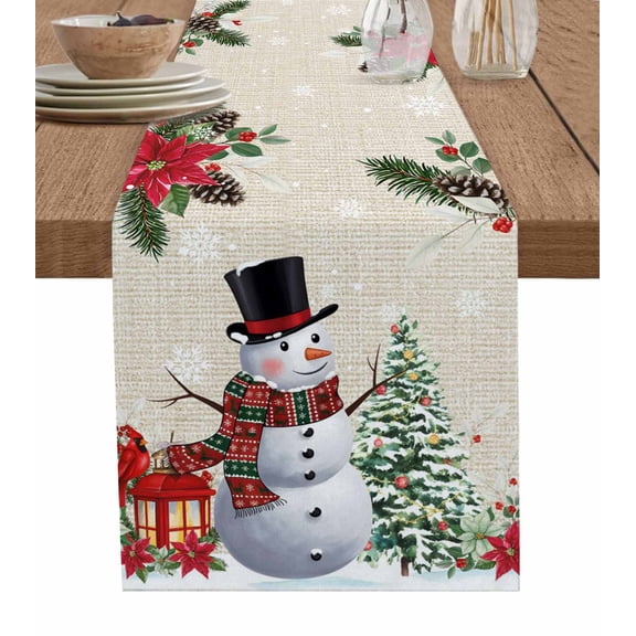 Beige Christmas Table Runner 72 Inches, Snowman Xmas Tree Poinsettia Snowflake Bed Runner Dresser Scarves Tabletop for Indoor Outdoor Parties/Ceremony/Banquet, 16" x 72"