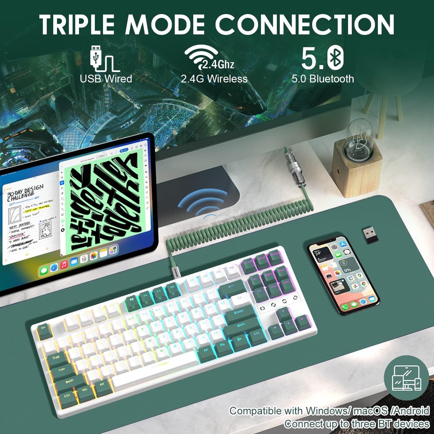 Attack Shark Gaming Keyboard 2.4G/BT5.0/USB-C Cable,Hot-swap Tactile Switch,RGB,3000mAh for PC
