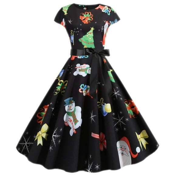 Fesfesfes Christmas Women Gowns Bandage Retro Print Short Sleeve Evening O-Neck Party Prom Vintage Dress or