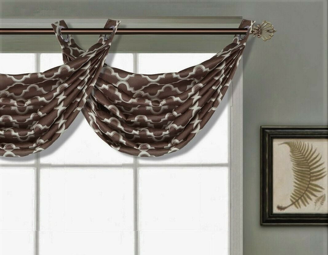 1PC V23 BROWN/WHITE GROMMET FAUX SILK 2 SHADE SMALL WINDOW VALANCE SWAG TOPPER 
