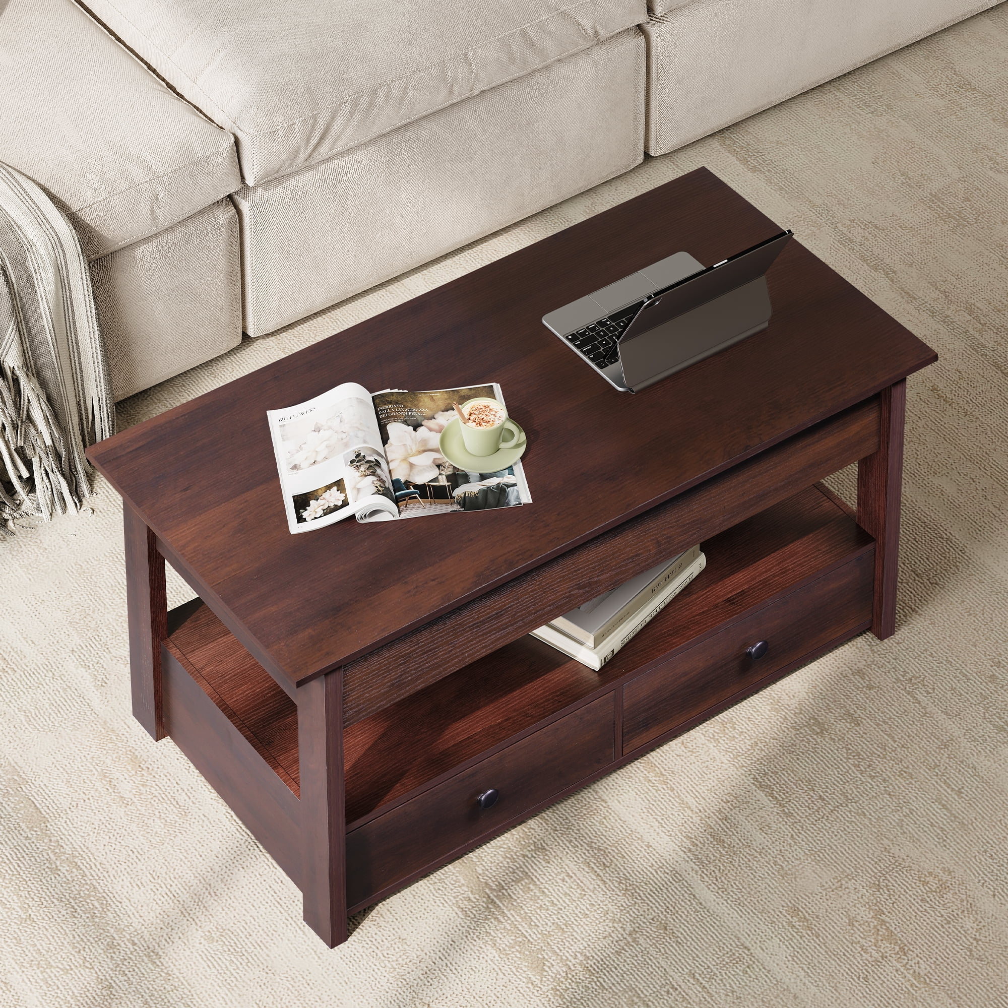GALAXHERO Lift Top Coffee Table for Living Room Table with 2 Drawers & LED Light & Large Storage and Open Shelf Espresso
