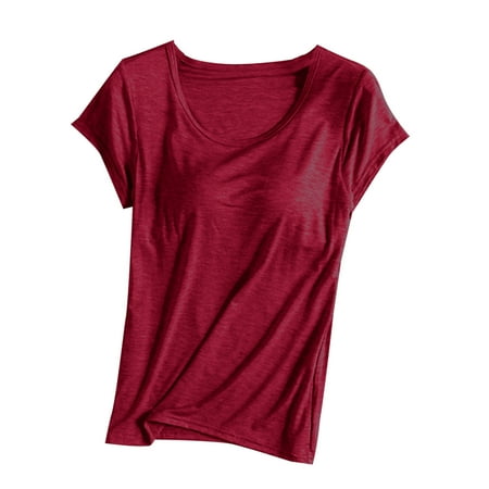 Women s Cotton T Shirt with Built-in Bra Padded Active Tee Shirts Short Sleeves Shelf Bra Comfy Athletic Shirts Soft Lounge Clothes Trendy Outfits