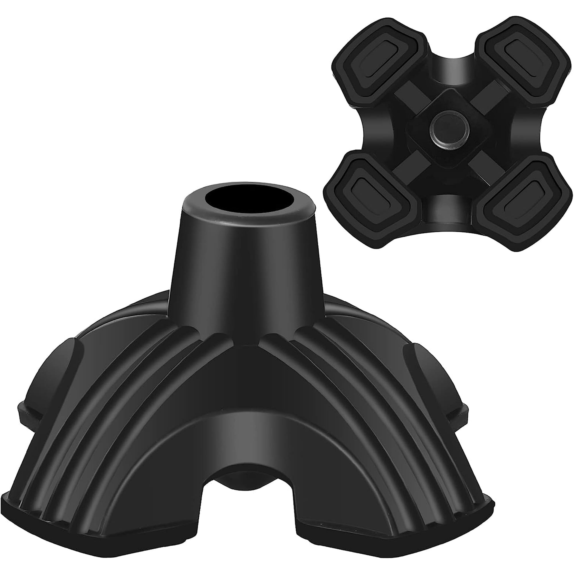 Self Standing Cane Tip - 3/4 Inch Replacement - Heavy Duty Rubber Quad Base for Walking, Folding & Medical Canes - Stable Grip Traction Attachment (Black)