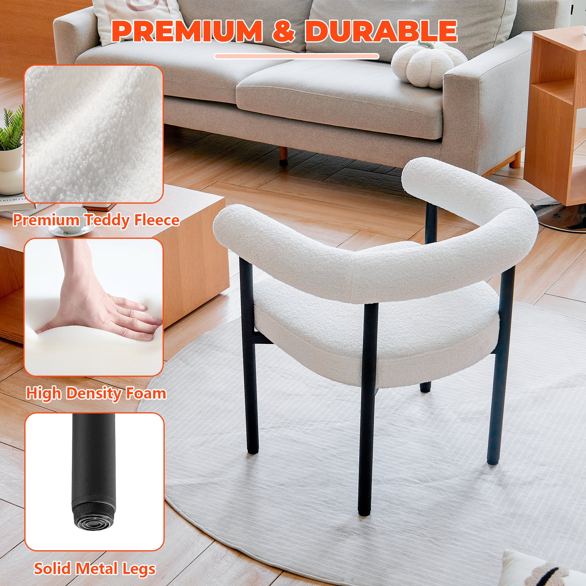 TrumanPick Modern Boucle Dining Chair, Upholstered Dinner Sherpa Chairs with Metal Legs&Curved Backrest for Kitchen, White