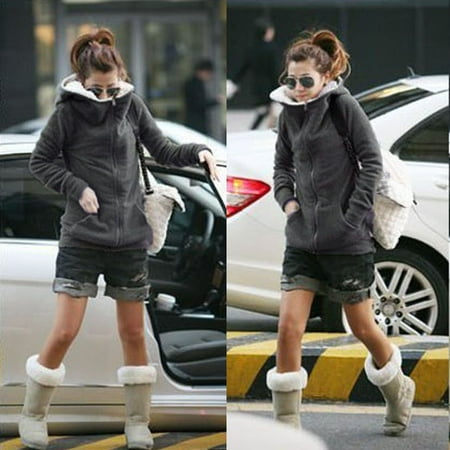 - S-XXXXXL Plus Size Women Winter Warm Zipper Fleece Hoodie Coat Jacket Sweatshirt Outwear,Grey color