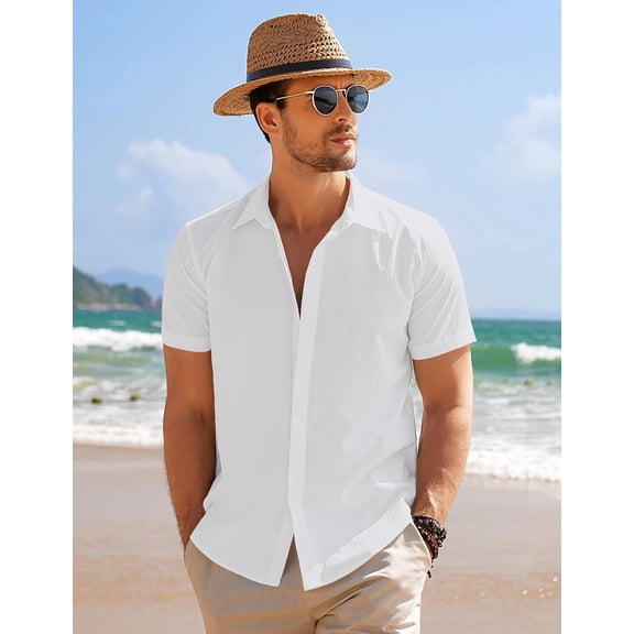 COOFANDY Men Short Sleeve Button Down Big and Tall Summer Beach Shirt Untucked Textured Wedding Trendy Lightweight Shirt