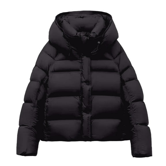 Cnbwig Jackets for Women Winter Coats Winter Hooded Padded Jacket Short Quilted Coat Solid Color Lightweight Warm Thick Outerwear Fashion Parkas Warm Coats Black L