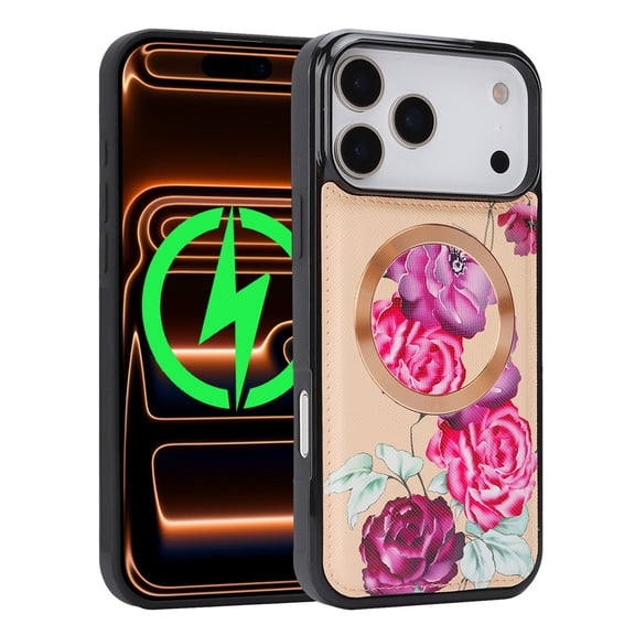 Magnetic Case for iPhone 14 Plus Compatible with MagSafe, Floral Pattern PU Leather Cute Phone Case for Women Girls, Durable TPU Bumper Shockproof Phone Cover for iPhone 14 Plus, Beige