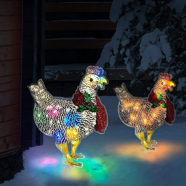 Metal LightUp Chicken with Scarf, Warm/Colorful LED Christmas Outdoor