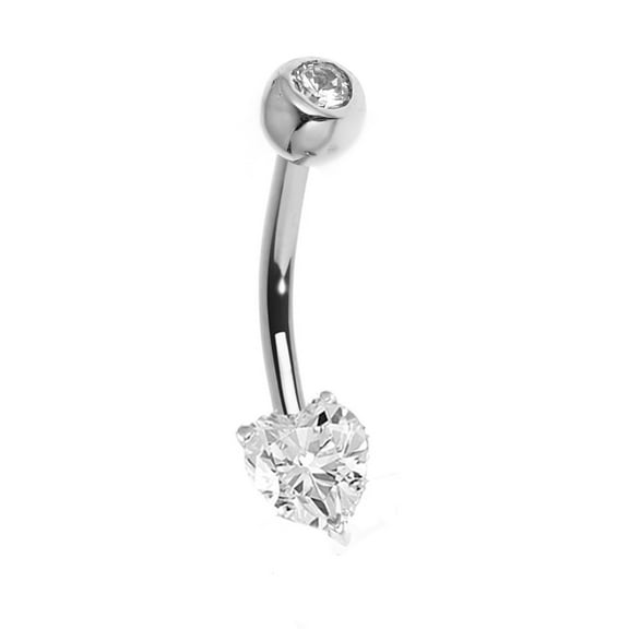 14k Solid White Gold Heart Cubic Zirconia Bezel Navel Belly Ring