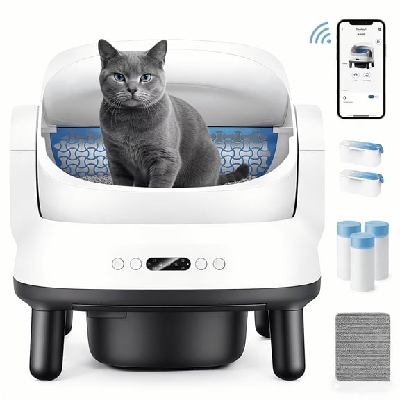 Large Open-Top Automatic Cat Litter Box Self Cleaning with Safety Protection, APP Control, Odor-Free Waste Disposal, White