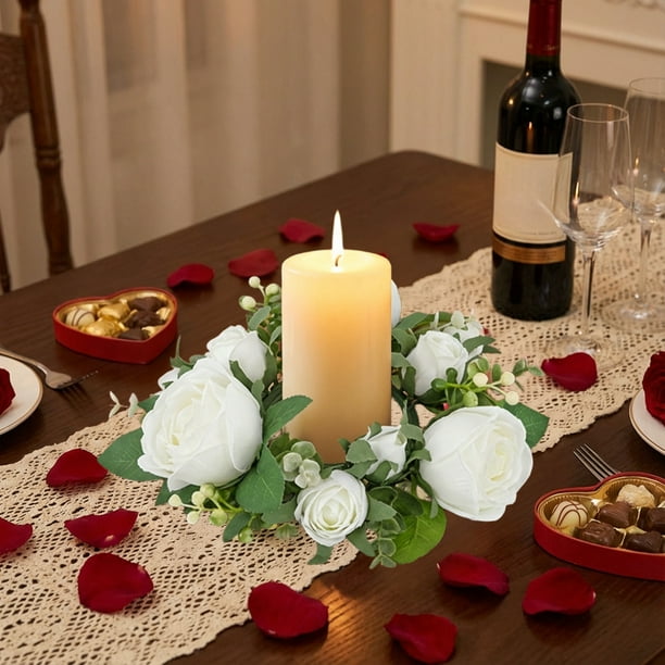 CaiYueKe Artificial Rose Garland Candle Ring Holder, Floral Candle Wreath Decor for Wedding Table Centerpiece Party Home Decorations, Faux Greenery Candle Surround Decorative Arrangement