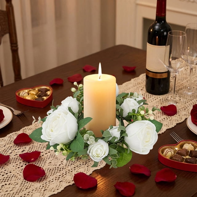 1Pcs Faux Austen Rose Garland Candle Cup Candlestick Garland Ring Decoration Plastic in White Natural-Looking Floral Details for Party Wedding Table Decor 7.87x7.87x1.97" JASKFLY