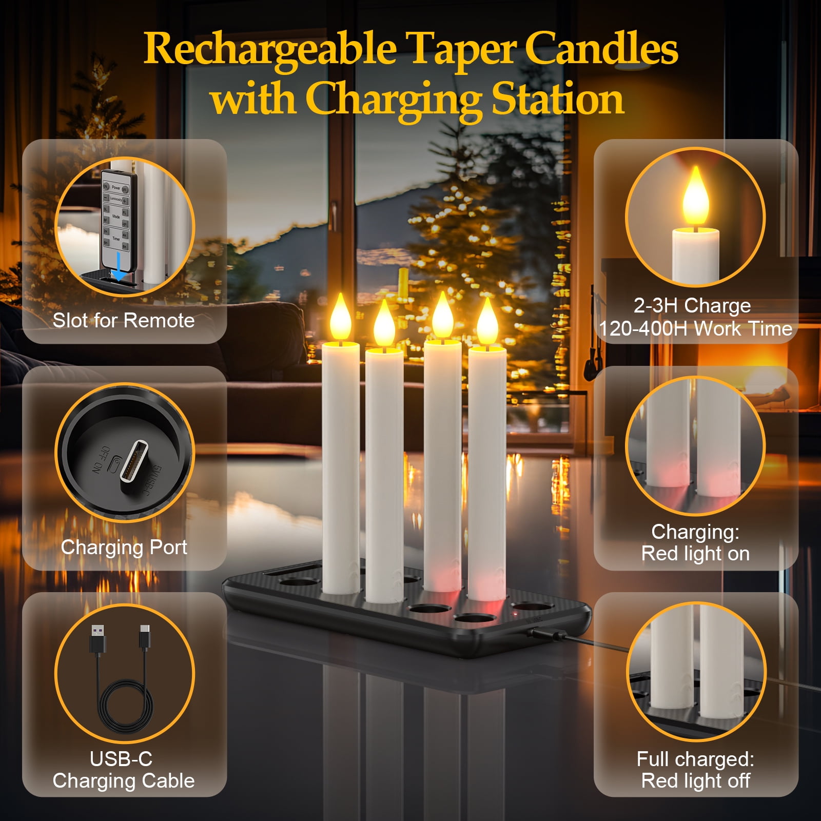PChero Rechargeable Flameless Taper Candles with Remote Timer & Charging Base, 10pcs LED Candlesticks Flickering, 6.7" Battery Electric LED Taper Candles for Home Wedding Christmas Decor