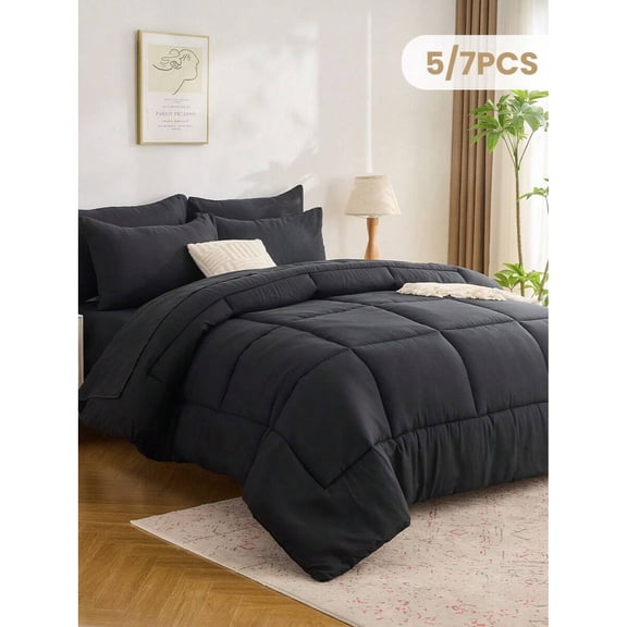 5/7pcs Comforter Set, Bedding, Cozy And Warm Bedding, Solid Color, Easy Care And Comfortable,1 Flat Sheet, 1 Fitted Sheet And 2/4 Pcs Pillowcases