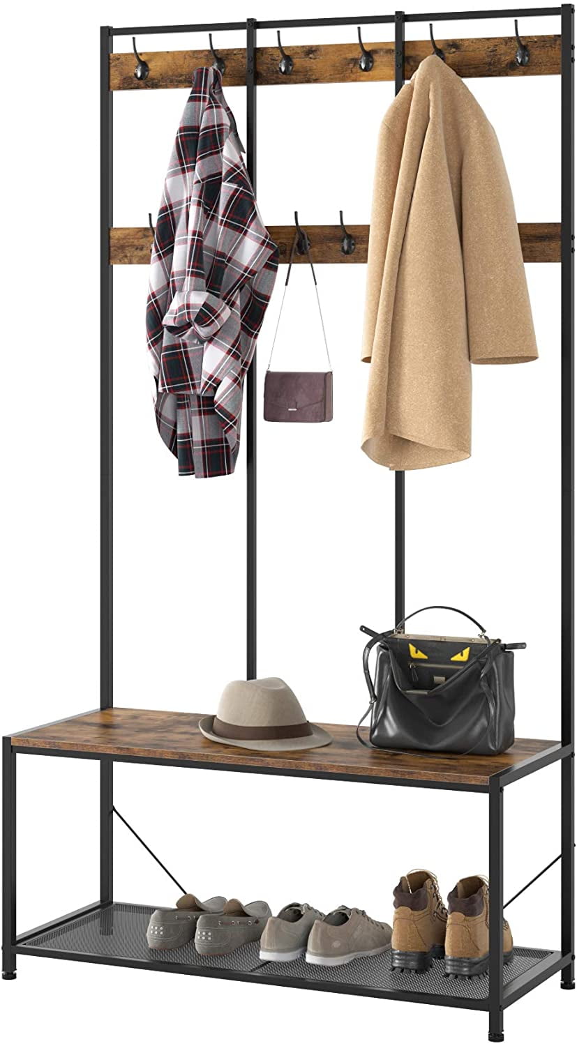 Coat Rack Shoe Bench, Entryway Hall Tree Coat Stand with Storage Shelf