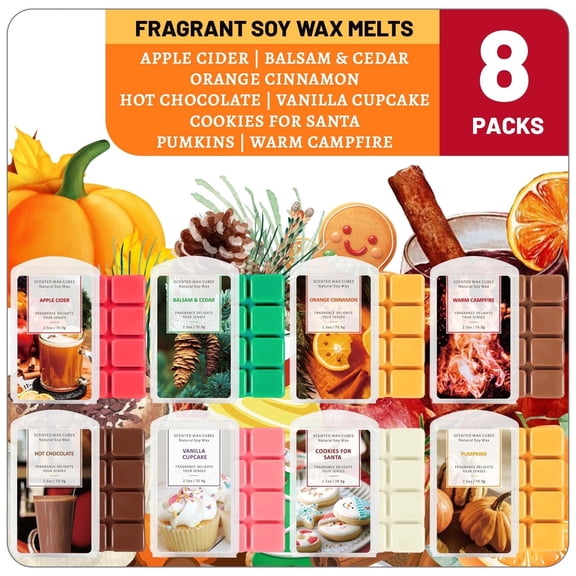 LA BELLEFÉE Scented Wax Melts 8 Pack, Balsam & Cedar, Vanilla Cupcake, Hot Chocolate Scents for Home Fragrance & Relaxation