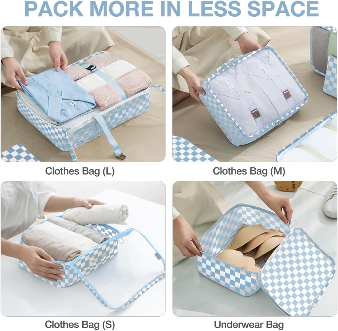 8 Set Packing Cubes for Suitcases,Packing Cubes with Shoe Bag, Cosmetics Bag, Clothing Bag, Accessories Bags Packing Cubes for Travel Luggage Organizer Women Men(Blue Checkered)