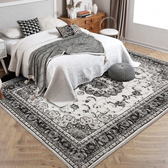 4x6 Ft Boho Vintage Area Rug , Machine Washable Gray Medallion Rug with Non-Slip Rubber Backing, Low Pile Soft Carpet for Living Room Bedroom Dining Room Kitchen, Pet Friendly(Gray)