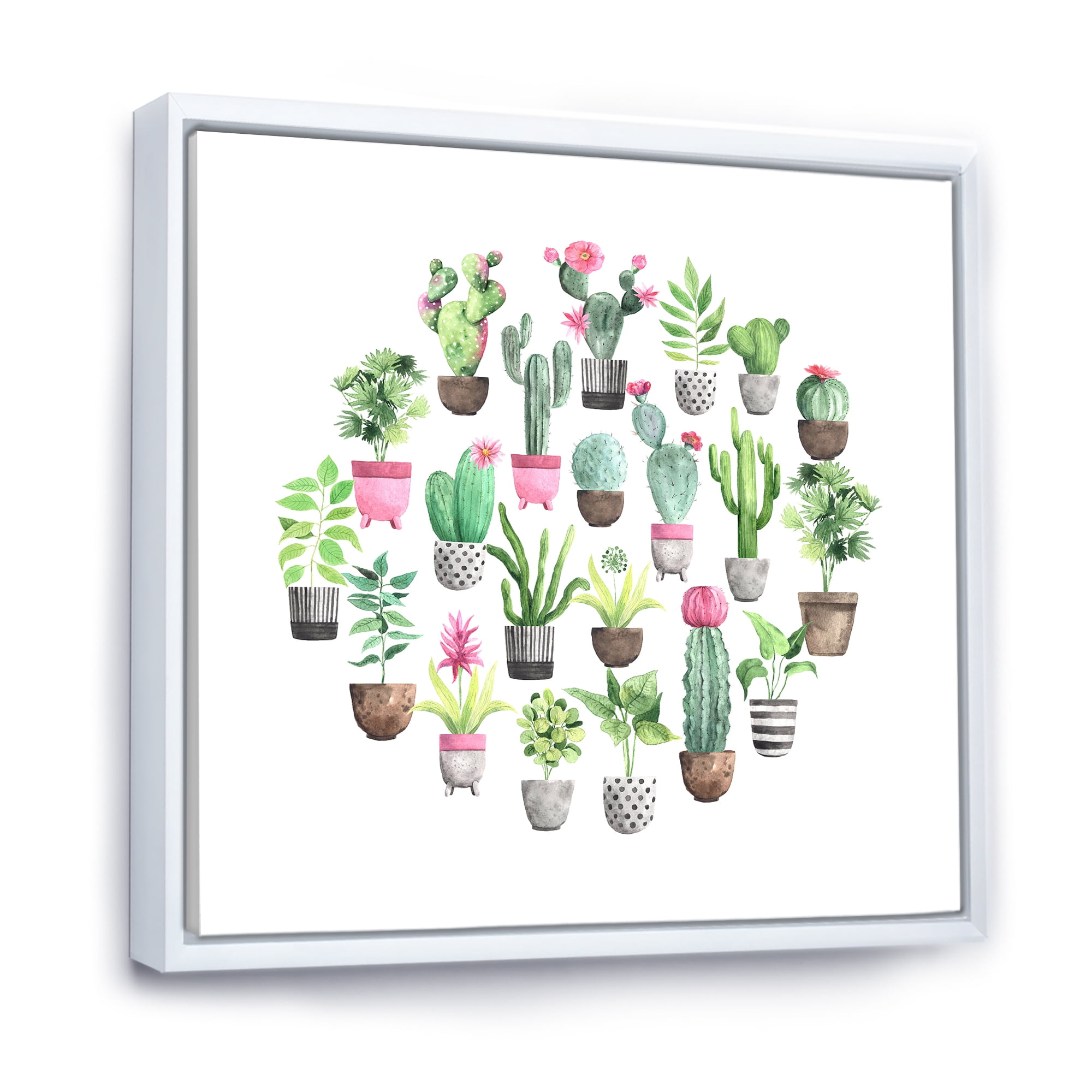 Designart 'Cactus In Ceramic Pots In Gentle Tones II' Traditional Framed Canvas Wall Art Print