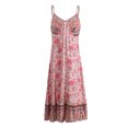 thumbnail image 1 of Vestido largo con escote en V y estampado floral, color rosa, con tirantes finos, espalda descubierta y dobladillo con volantes, estilo veraniego, talla L, 1 of 8