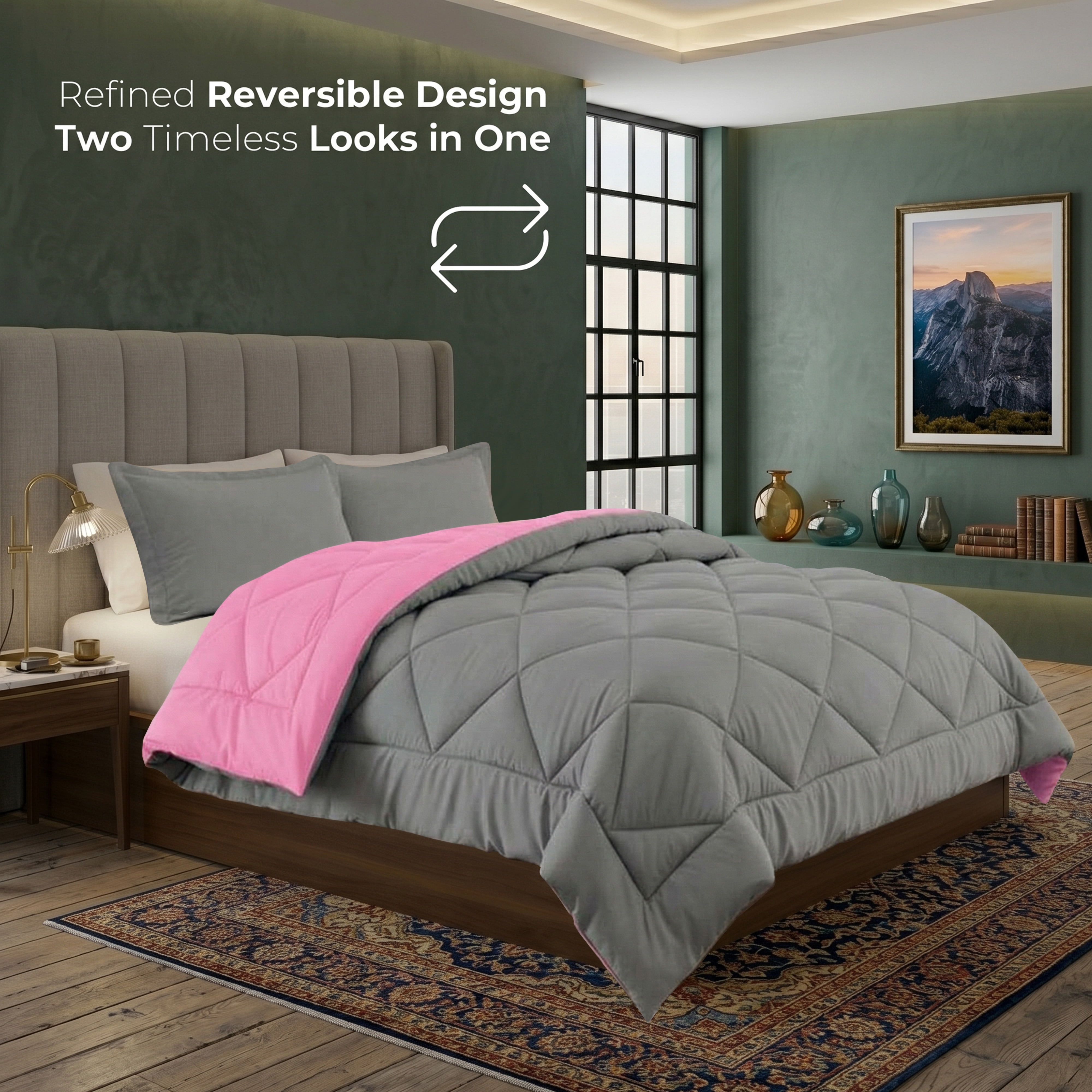 Elegant Comfort Reversible Down Alternative Comforter Set, Soft Microfiber All-Season Bedding, Lightweight Wrinkle & Fade Resistant Comforter, Full/Queen, Pink/Gray