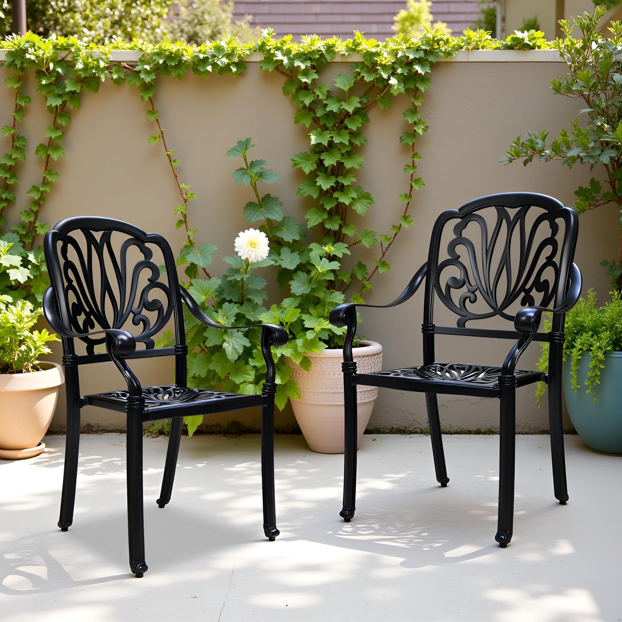 PATIO-IN 2 Piece Cast Aluminum Patio Dining Chairs, Stackable Outdoor Dining Chairs with Armrests, Outdoor Bistro Chairs for Balcony, Backyard, Garden, Black